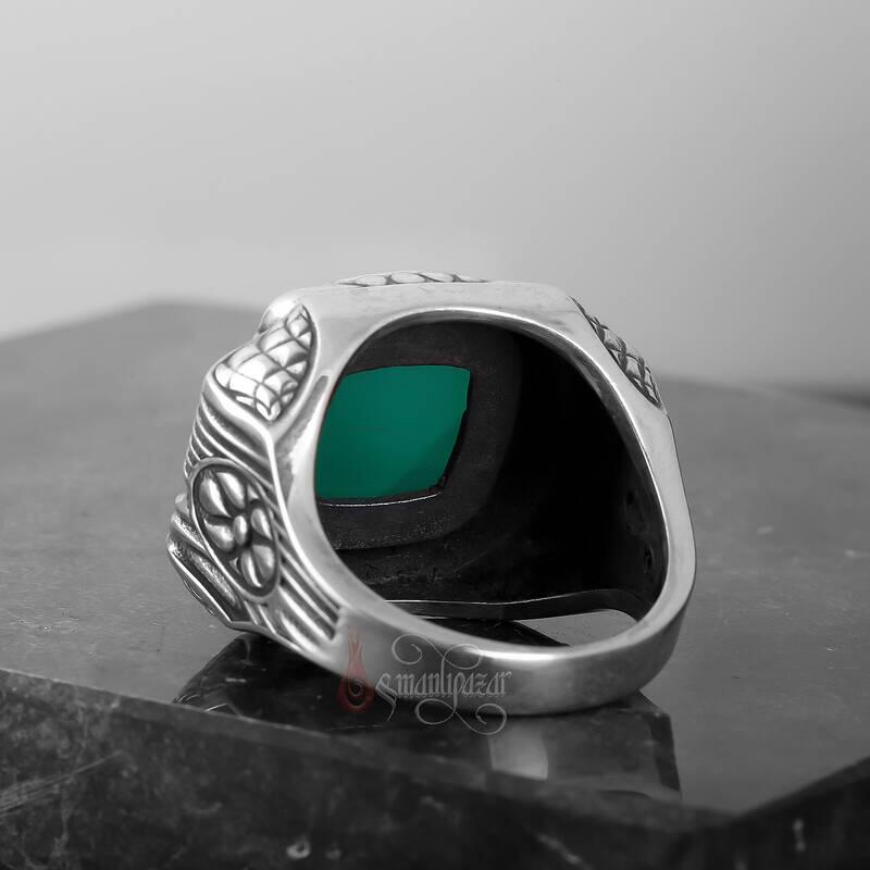 Yeşil Akik Taşı Retro Tasarım 925 Ayar Gümüş Yüzük - 3