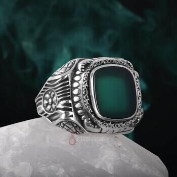 Yeşil Akik Taşı Retro Tasarım 925 Ayar Gümüş Yüzük - 2