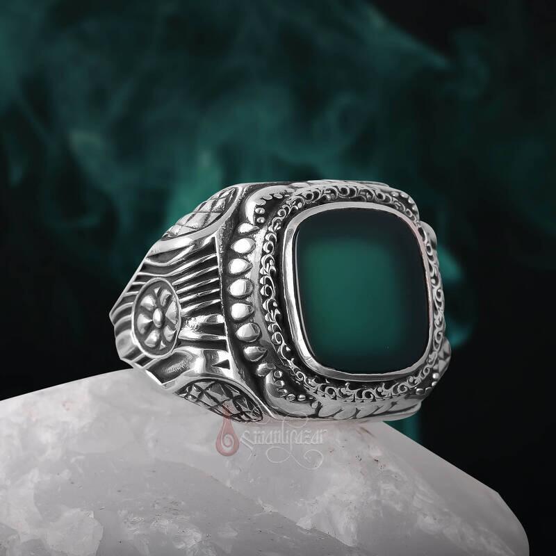 Yeşil Akik Taşı Retro Tasarım 925 Ayar Gümüş Yüzük - 2