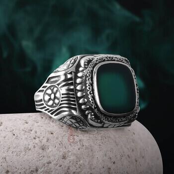 Yeşil Akik Taşı Retro Tasarım 925 Ayar Gümüş Yüzük - 5