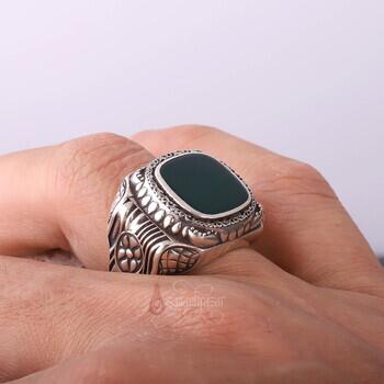 Yeşil Akik Taşı Retro Tasarım 925 Ayar Gümüş Yüzük - 4