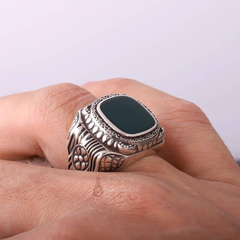Yeşil Akik Taşı Retro Tasarım 925 Ayar Gümüş Yüzük - 4