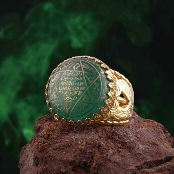 Yeşil Akik Taşı Süleyman Mührü Altın Kaplama Gümüş El İşçiliği Yüzük - Thumbnail