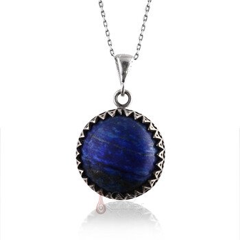 Yuvarlak Kesim 925 Ayar Gümüş Zikzak İşlemeli Doğal Lapis Lazuli Taşı Kolye - Thumbnail