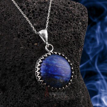 Yuvarlak Kesim 925 Ayar Gümüş Zikzak İşlemeli Doğal Lapis Lazuli Taşı Kolye - Thumbnail