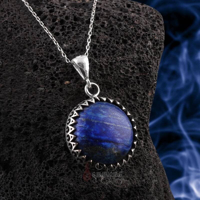Yuvarlak Kesim 925 Ayar Gümüş Zikzak İşlemeli Doğal Lapis Lazuli Taşı Kolye