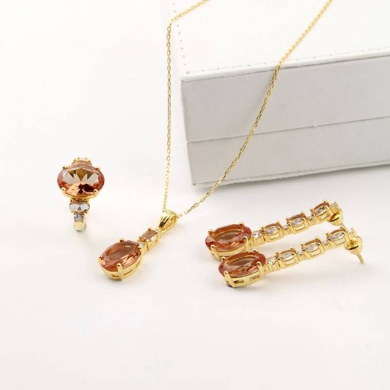 Zultanite Taşlı Altın Kaplama 925 Ayar Gümüş Takı Seti - 1