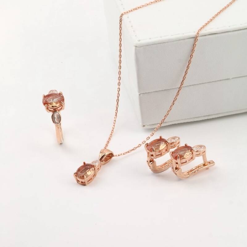 Zultanite Taşlı Rose Kaplama 925 Ayar Gümüş Takı Seti - 1