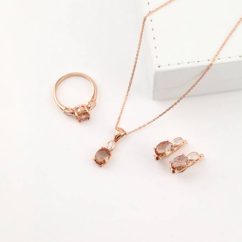 Zultanite Taşlı Rose Kaplama 925 Ayar Gümüş Takı Seti - 3